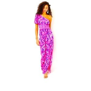 NWT’s Solana One-Shoulder Maxi in Havana Pink Turtle Tidepool Engineered knit.